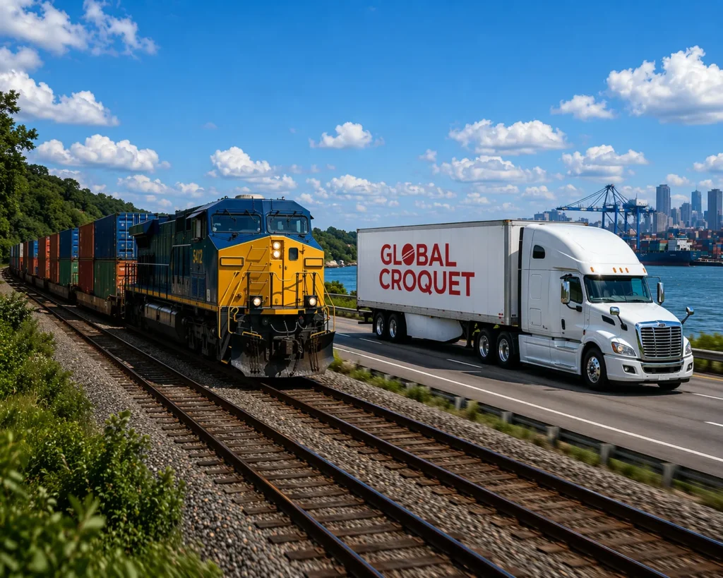 Imagen visual de un tren con varios contenedores de colores y a lado un camión de carga con el logo de “Global Croquet” los cuáles son parte del transporte intermodal