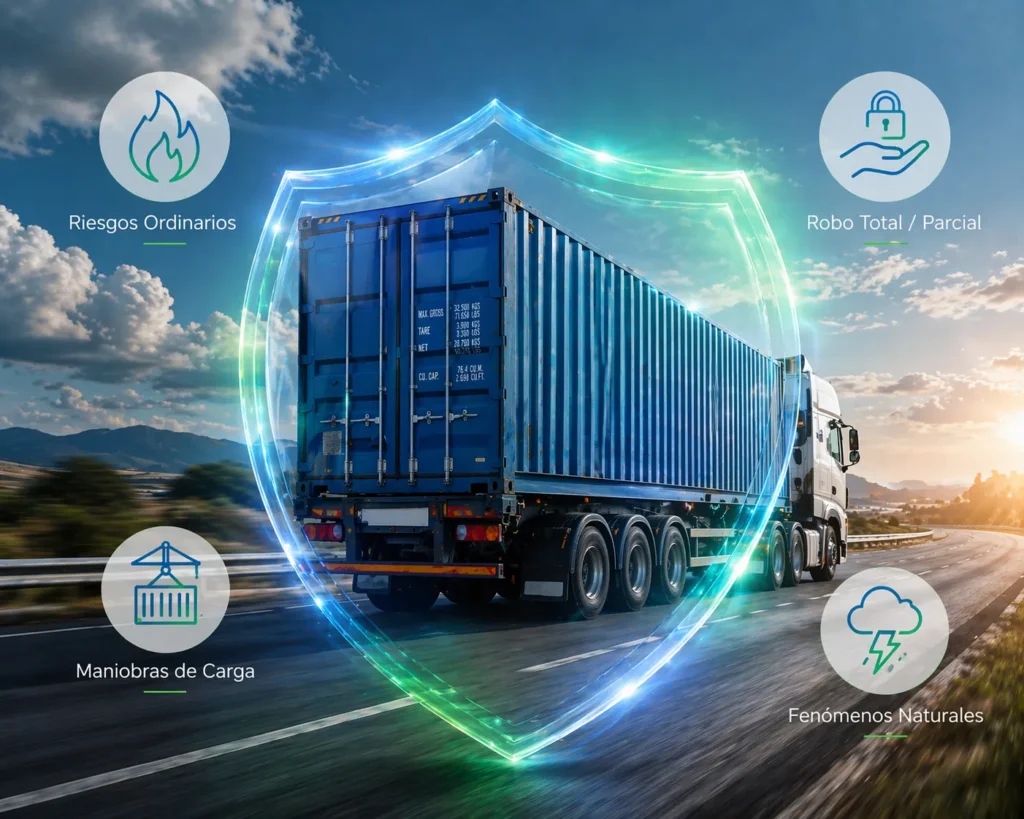 Imagen de un camion con caja azul y varios iconos a su al rededor que simboliza el seguro de transporte de mercancia que evita tragedias o imprevistos