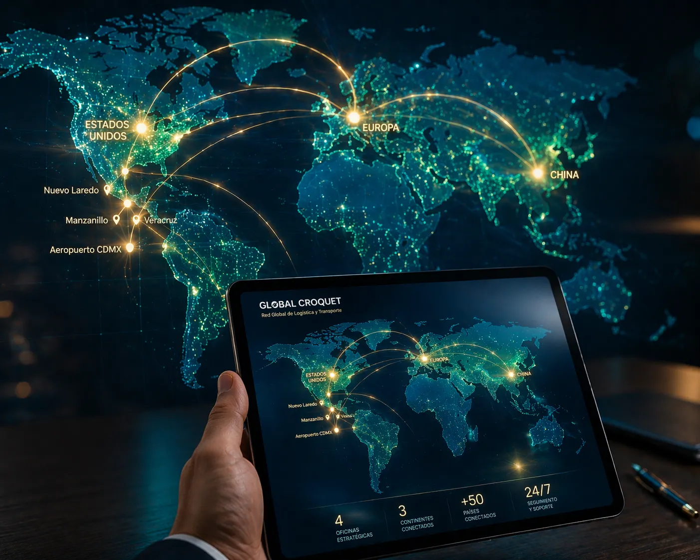 Imagen de un mapa con varios nodos y puntos que marcan donde se encuentran la red de oficinas de Global Croquet garantizando un buen seguro de transporte de mercancías