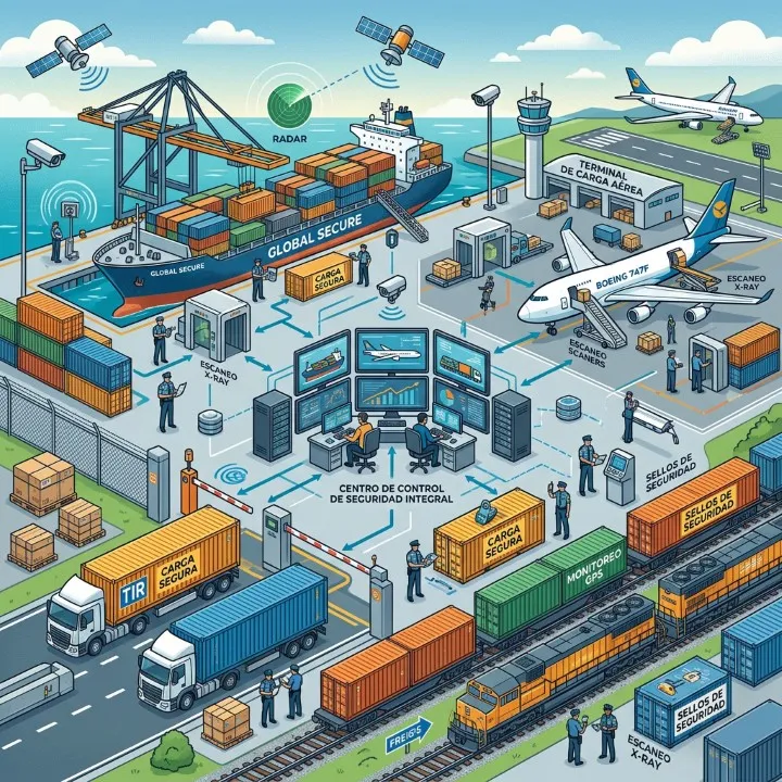 Dibujo que muestra el sistema multimodal (aéreo, terrestre y marítimo) que brinda un certificado de seguro de mercancías
