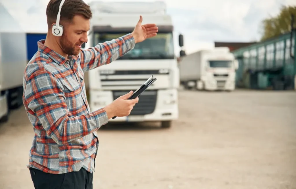 servicio de transporte aéreo: Fotografía de un hombre con audifonos y tableta realizando su trabajo de rastrear la mercancía para que llegue con bien a su destino