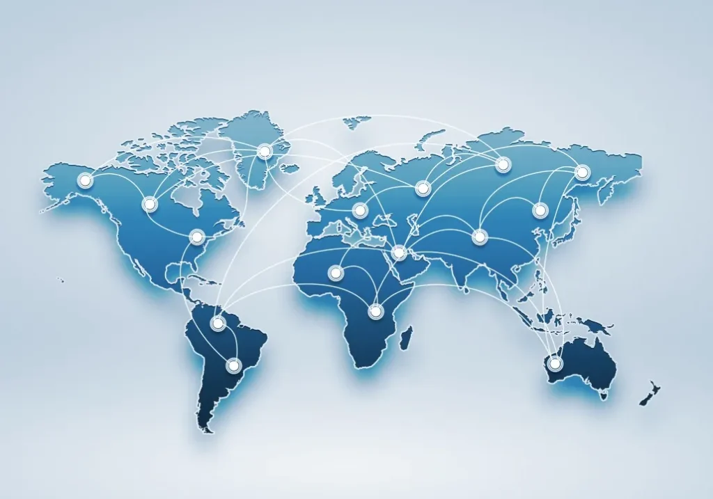 servicio de transporte terrestre: Imagen de un mapa que tiene varios puntos que simboliza los puertos maritimos, fronteras terrestres y aduanas donde Global Croquet tiene presencia