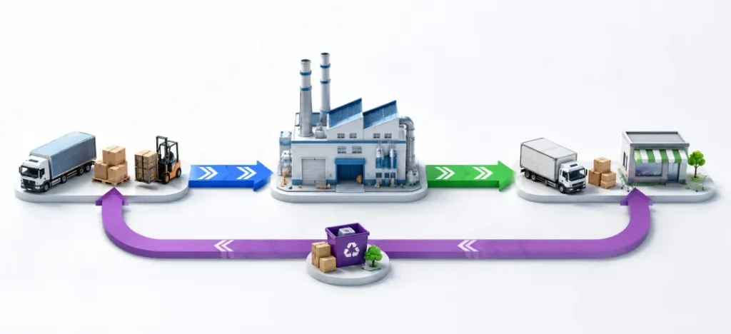 Imagen donde se muestra una compañia, varios camiones y un montacargas simbolizando los tipos de cadena logística