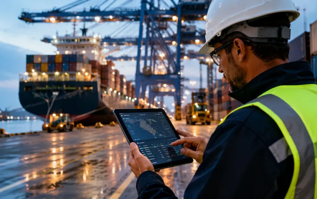 Fotografía de un experto con casco y un chaleco reflector revisando una tableta como si estuviera rastreando un pedido como buena cadena logística