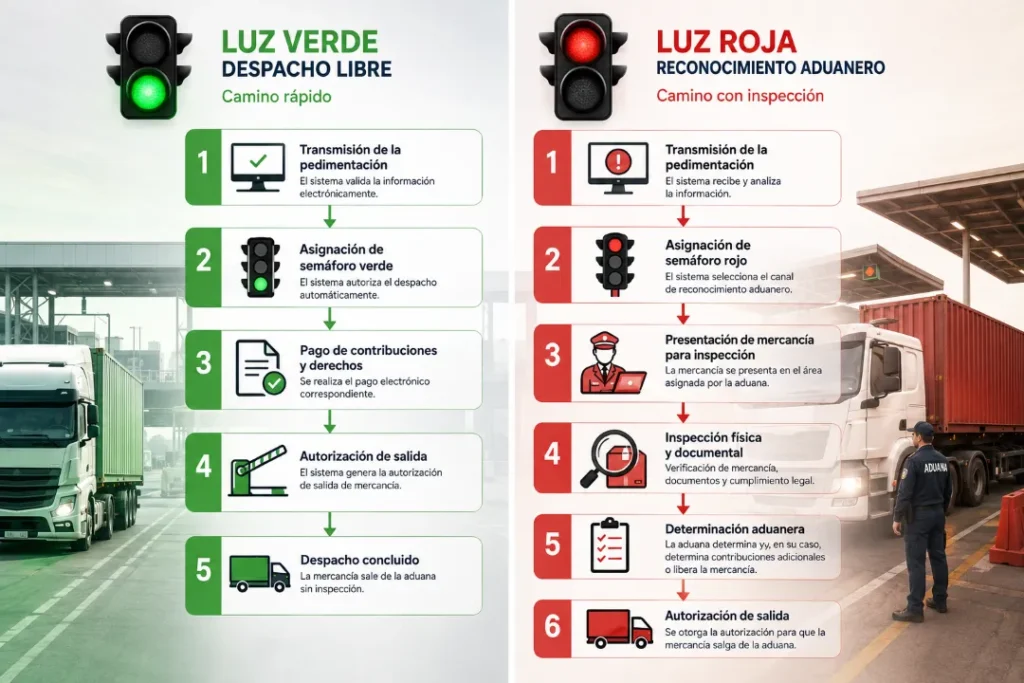 que es una aduana en México: Imagen de 2 divisiones de luz verde y luz roja haciendo referencia a como funcionan las aduanas en México