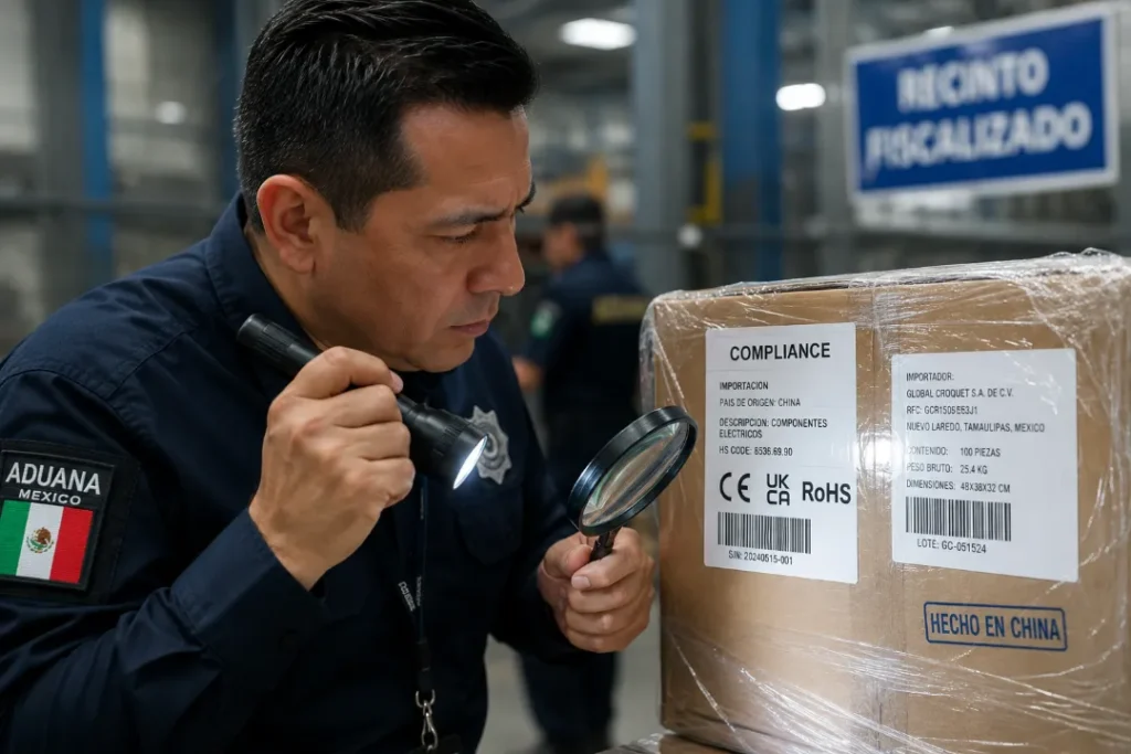 que es una aduana en México: Fotografía de un hombre en una aduana revisando los sellos de la mercancia para ver si es apto para atravesar