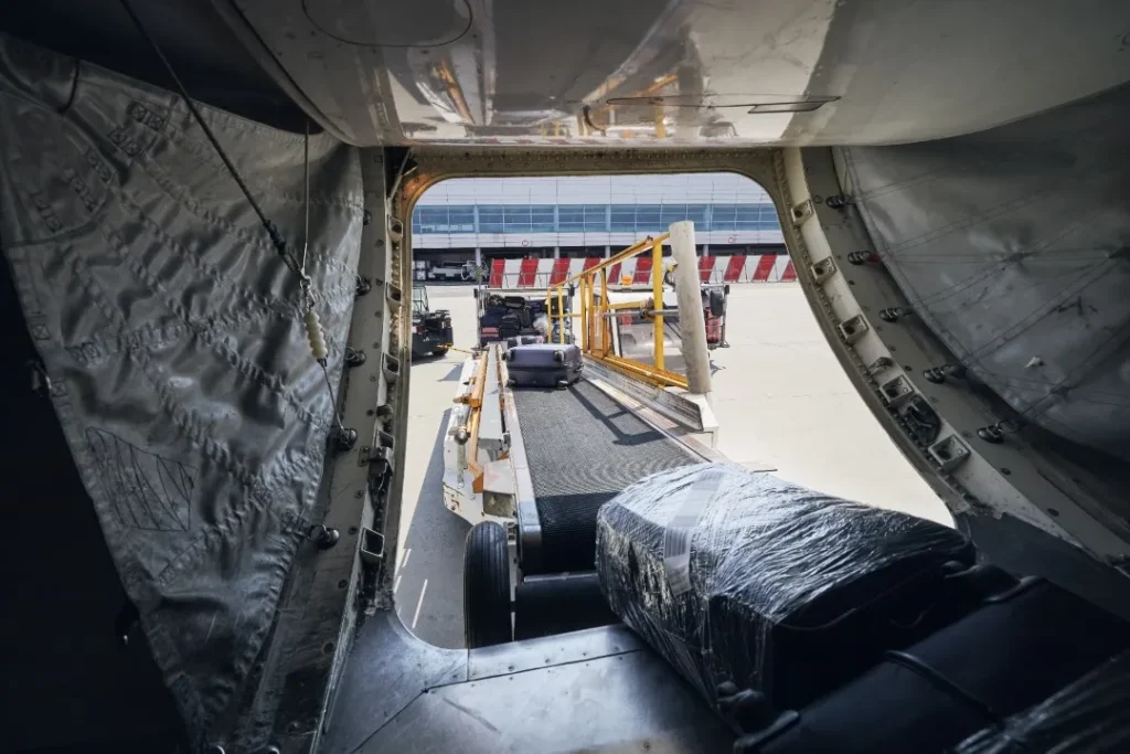 que es el transporte aéreo: Fotografía de una toma de un interior de un avión al que le están metiendo mercancia