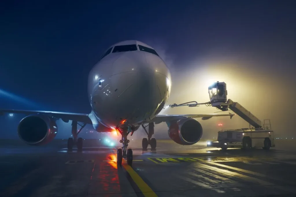 que es el transporte terrestre: Fotografía de un avión estacionado en una pista de un aeropuerto iluminada con varias luces en espera de la mercancía que debe llevar a otro destino